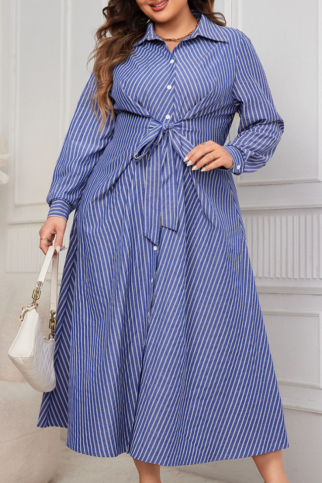 Large Size Striped Long Sleeved Waist Tie Shirt Dress
