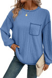 Solid Color Round Neck Pocket Long Sleeve Tops