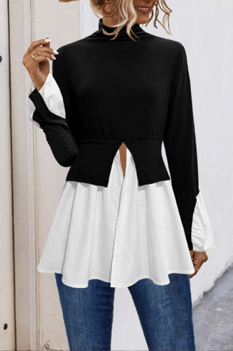 Irregular Ruffled High Neck Patchwork Shirt