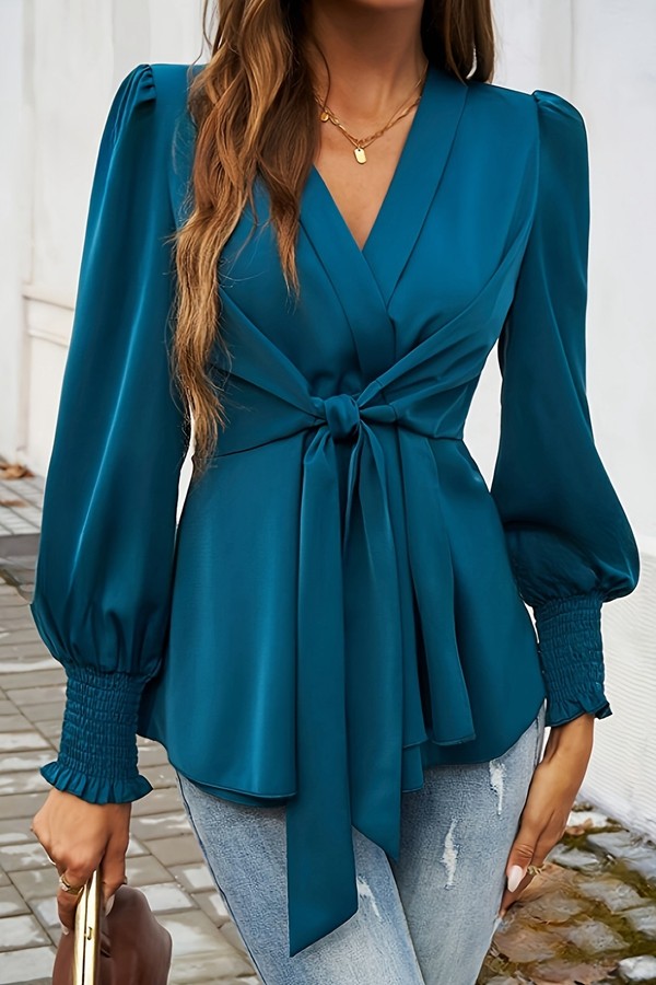Chic Long Sleeve Waist Tie Blouse