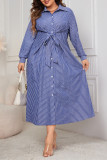 Large Size Striped Long Sleeved Waist Tie Shirt Dress