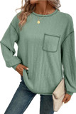 Solid Color Round Neck Pocket Long Sleeve Tops