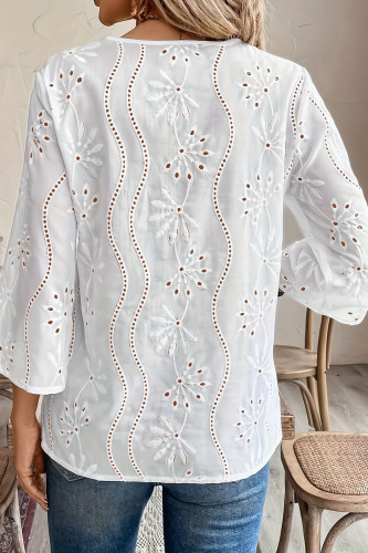 Loose V-Neck Embroidered Flared Sleeve Lace Chiffon Shirt