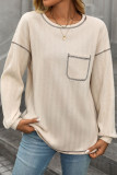 Solid Color Round Neck Pocket Long Sleeve Tops