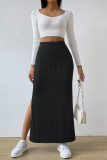 High Waisted Side Slit Knitted Solid Color Skirt
