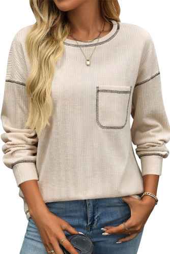 Solid Color Round Neck Pocket Long Sleeve Tops