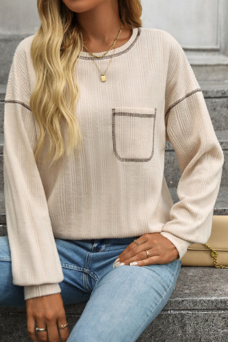 Solid Color Round Neck Pocket Long Sleeve Tops