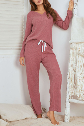 Waffle Long Sleeved Long Pants Pajamas Two-Piece Set