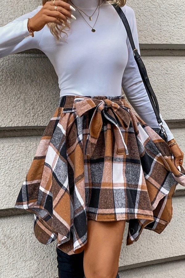 Woolen Plaid Waist Tie Skirt