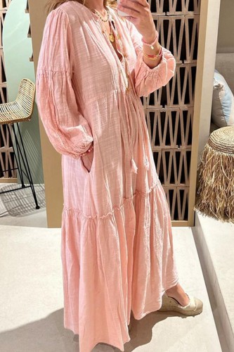 Pink Bubble Sleeve Cotton Linen Boho Dress