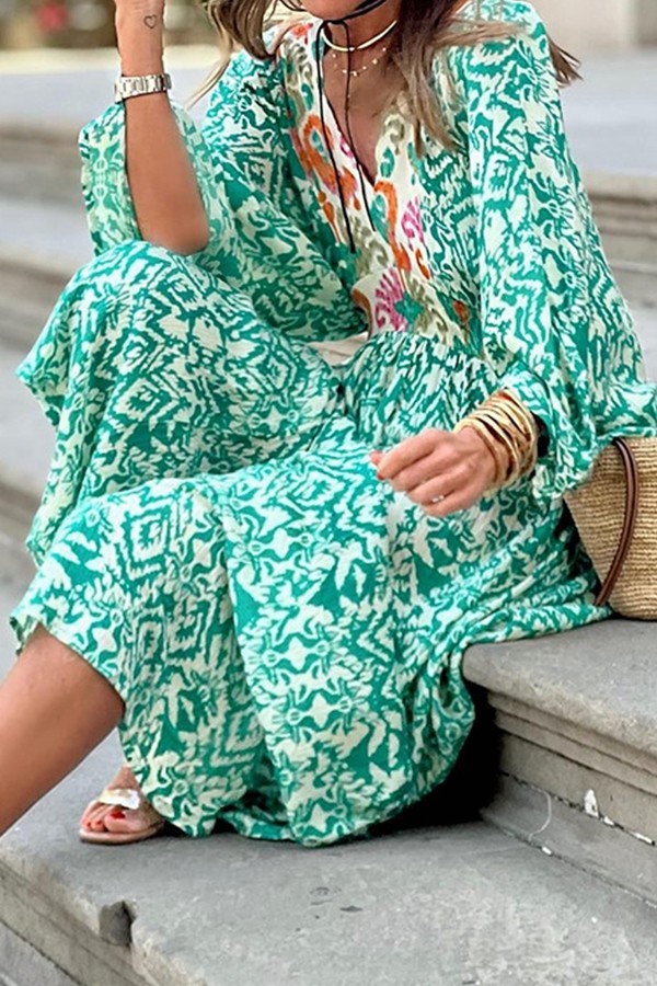 V neck Print Batwing Maxi Dress