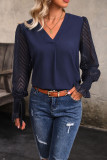 Ruffle Cuff Mesh Sleeve V Neck Shirt