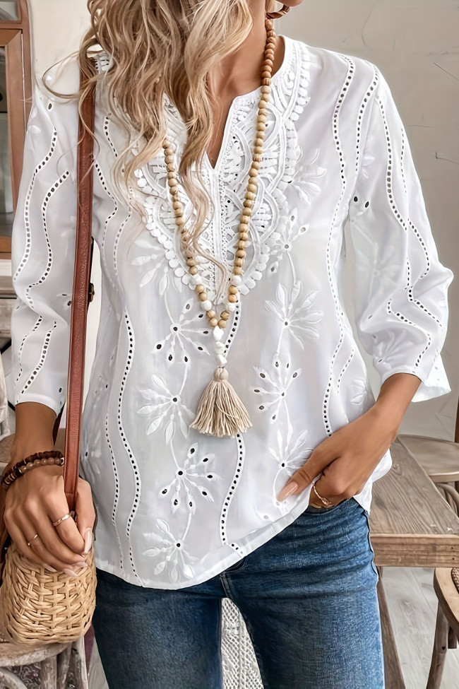 Loose V-Neck Embroidered Flared Sleeve Lace Chiffon Shirt