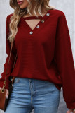 Long Sleeved Hollowed Out V-Neck Knitted Top