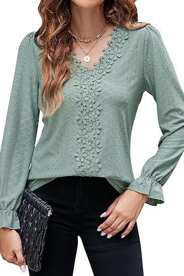 Empty Jacquard Lace V-Neck Long Sleeved T-Shirt