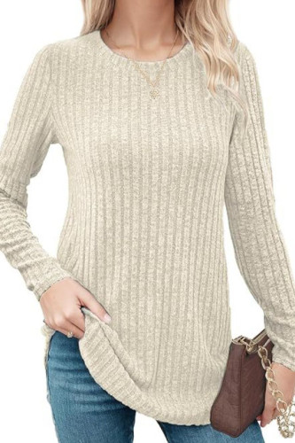 Ribbed Round Neck Loose Long Sleeved T-Shirt