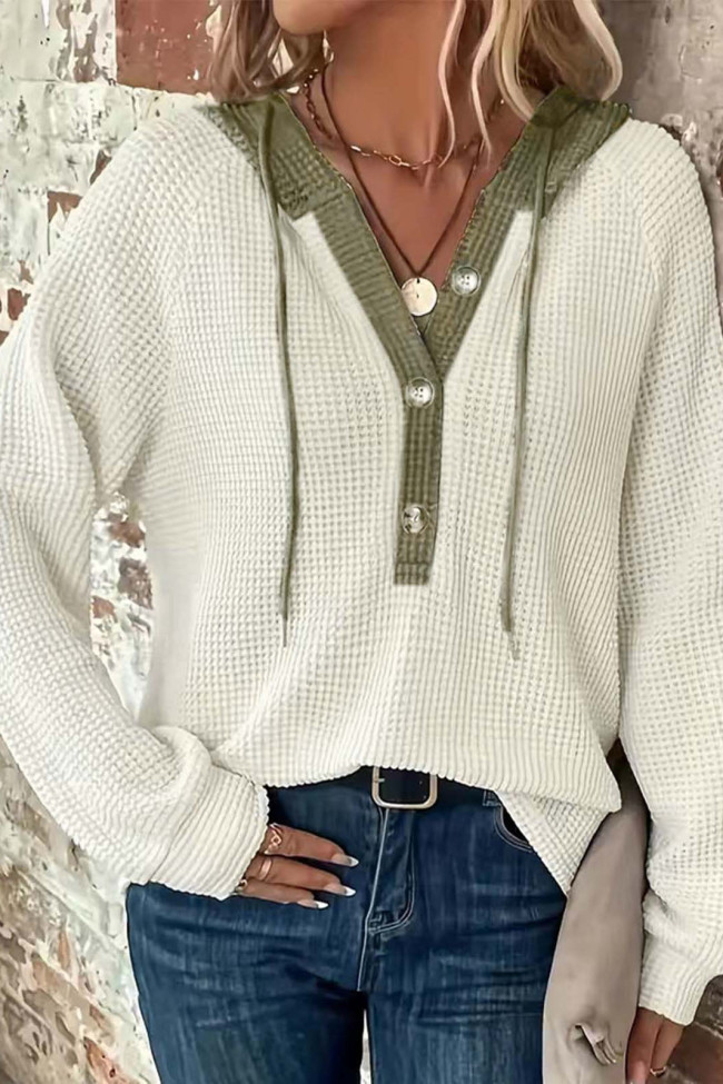 Solid Color Waffle Hooded Long Sleeved Sweatshirt