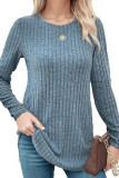 Ribbed Round Neck Loose Long Sleeved T-Shirt