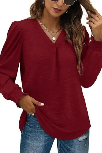 Solid Color V-Neck Long Sleeved Loose Shirt