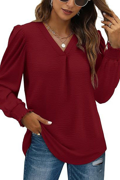 Solid Color V-Neck Long Sleeved Loose Shirt