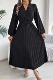 Pleated V-Neck Long Sleeved Dress