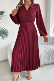 Pleated V-Neck Long Sleeved Dress