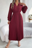 Pleated V-Neck Long Sleeved Dress