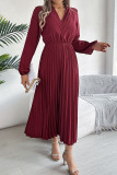 Pleated V-Neck Long Sleeved Dress