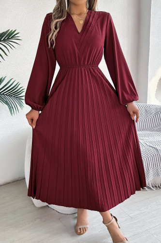 Pleated V-Neck Long Sleeved Dress