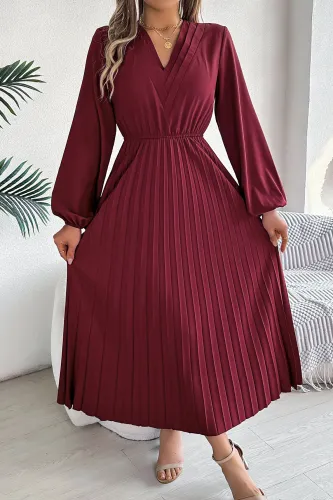 Pleated V-Neck Long Sleeved Dress