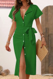 Solid Color V-Neck Short Sleeved Single Breasted Dress