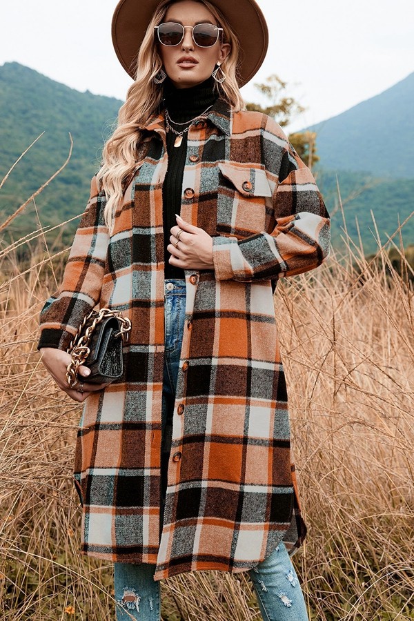 Plaid Print Flap Pocket Long Sleeve Shacket