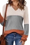 Color Block V Neck Crochet Pullover Sweater Top Plus Size