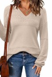 Color Block V Neck Crochet Pullover Sweater Top Plus Size