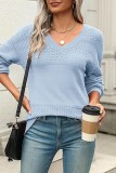 Color Block V Neck Crochet Pullover Sweater Top Plus Size