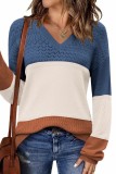Color Block V Neck Crochet Pullover Sweater Top Plus Size