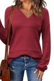Color Block V Neck Crochet Pullover Sweater Top Plus Size