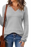 Color Block V Neck Crochet Pullover Sweater Top Plus Size