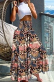 Vintage Floral Print Waist Cinched Wide Leg Pants