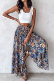 Vintage Floral Print Waist Cinched Wide Leg Pants
