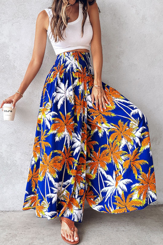 Vintage Floral Print Waist Cinched Wide Leg Pants