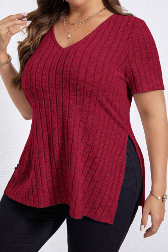 Large Size V-Neck Short Sleeved Knitted T-Shirt