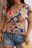 Plus Size V neck Print Loose Fit Short Sleeve Tops