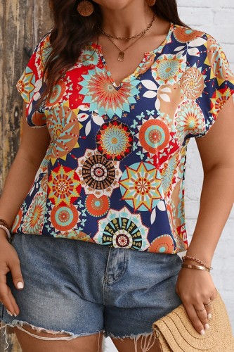 Plus Size V neck Print Loose Fit Short Sleeve Tops