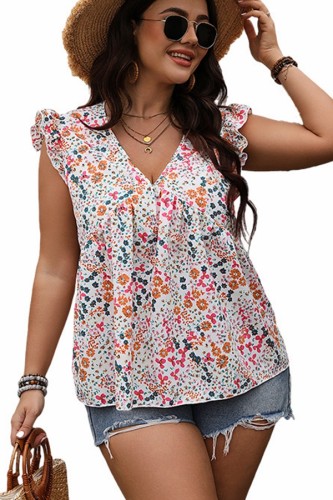 Plus Size V neck Boho Print Ruffle Sleeve Tops