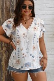 Plus Size Lace V neck Petal Sleeve Tops
