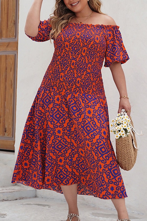 Plus Size Off Shoulder Boho Print Midi Dress