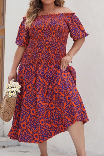 Plus Size Off Shoulder Boho Print Midi Dress