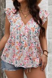 Plus Size V neck Boho Print Ruffle Sleeve Tops