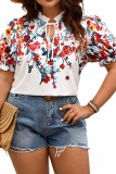 Plus Size Floral Print Ruched Bubble Sleeve V Neck Shirt
